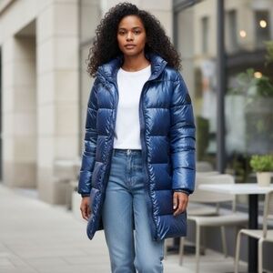 DKNY Women's Metallic Blue Longline Super Puffer Coat